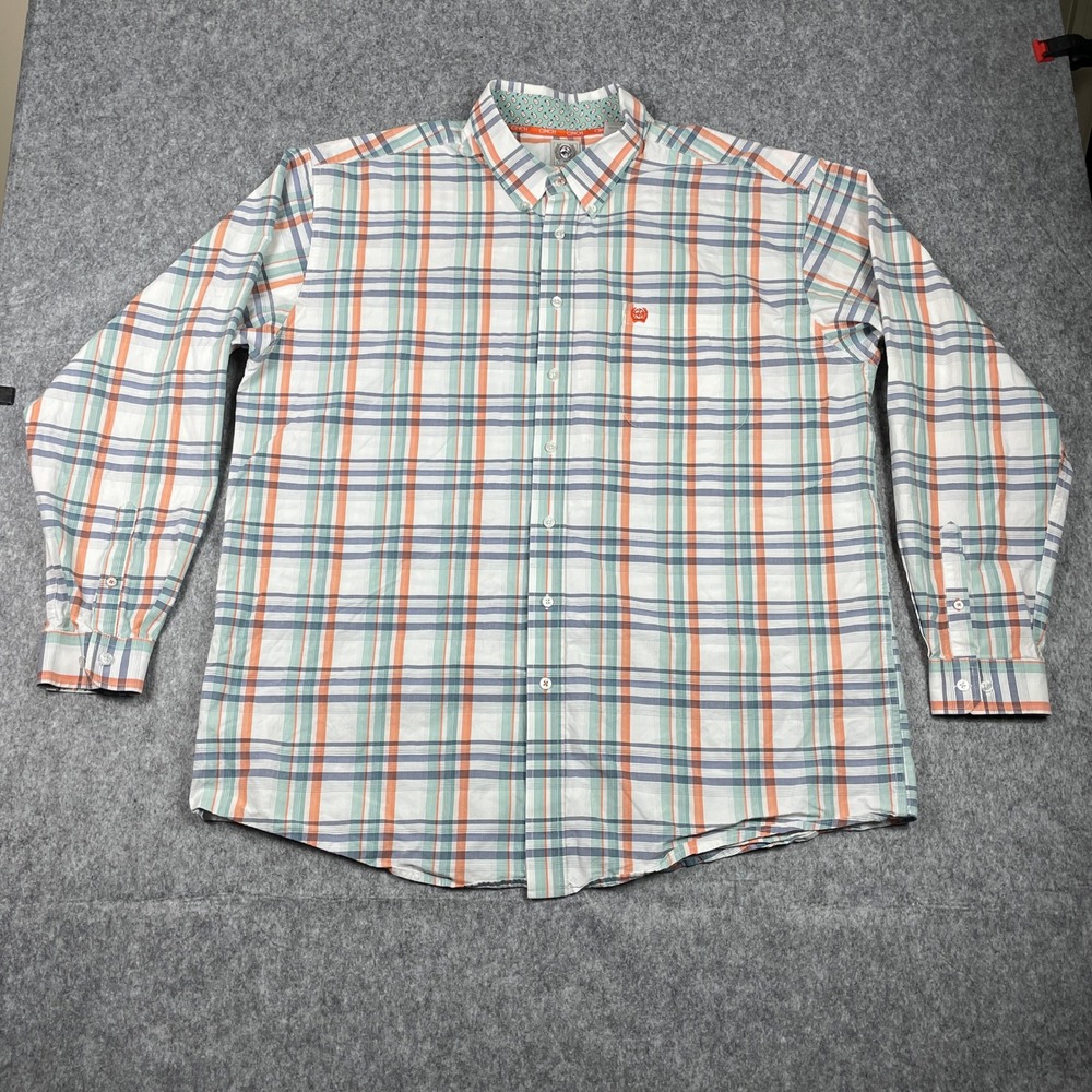 Cinch Shirt Mens XXL White Orange Teal Plaid Western Long Sleeve‎ Button Down
